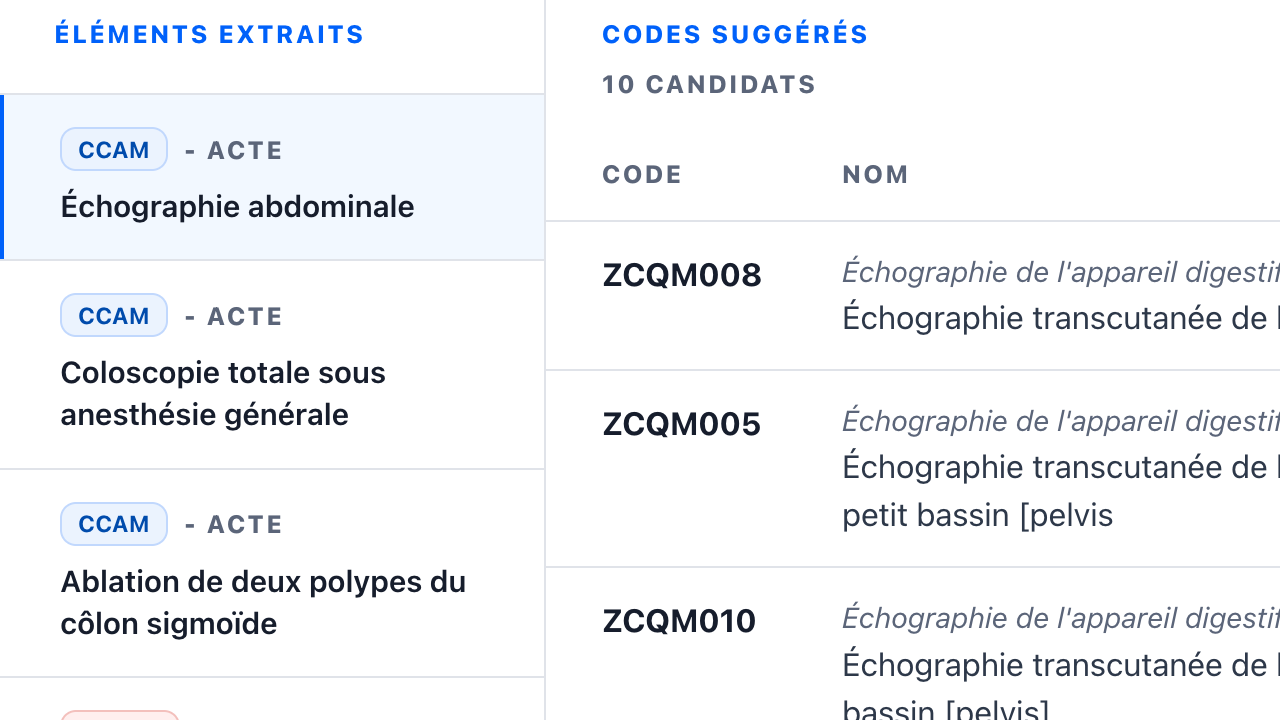 Aperçu de CodMed pour l'étape 2 : CodMed vous propose des codes candidats